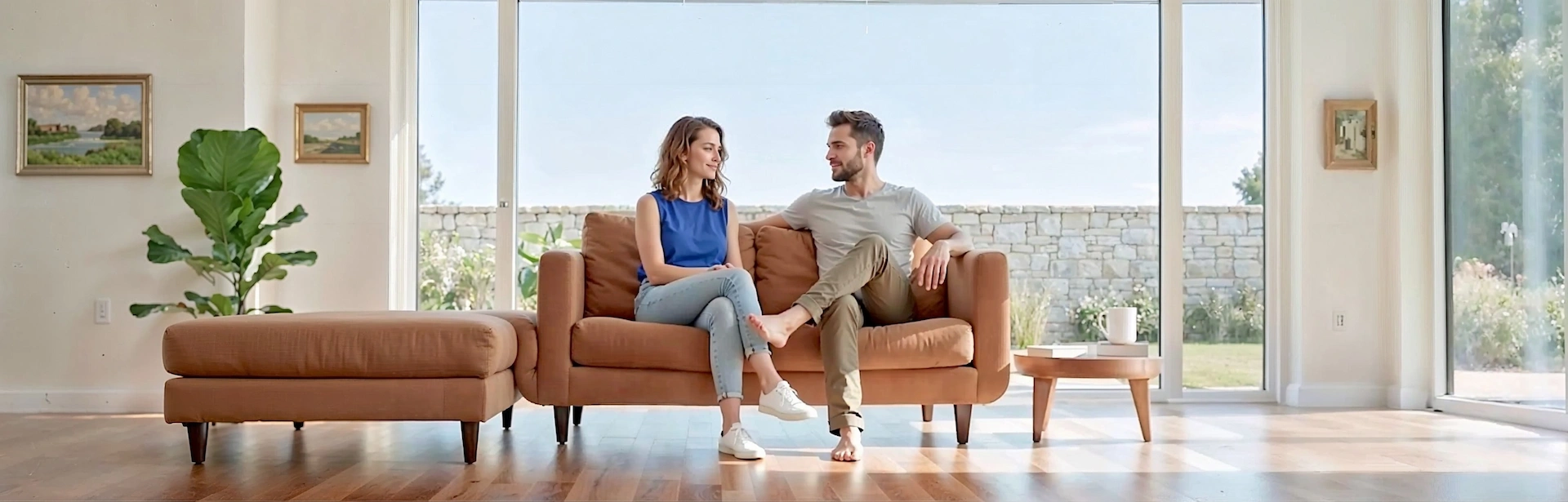Couple sitting together on a sofa, centred in frame